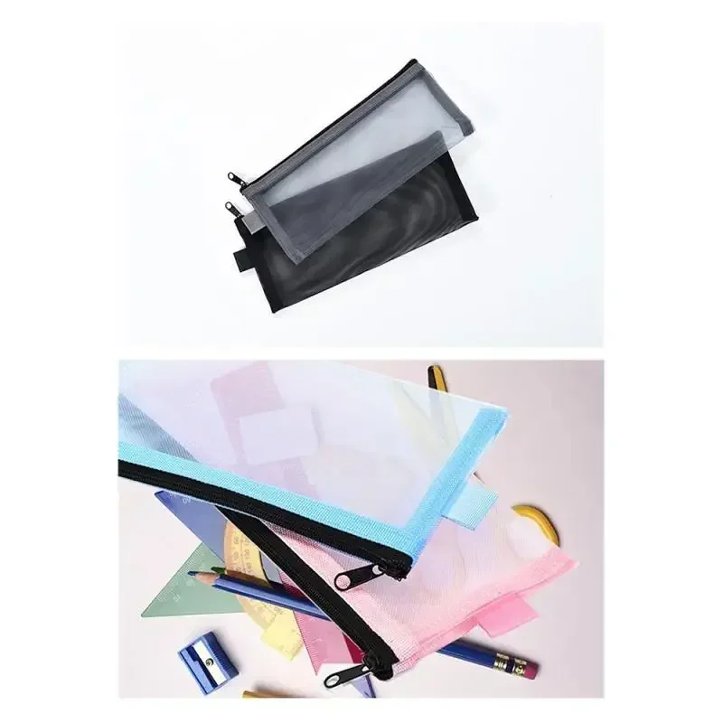 Simple Transparent Zipper Pencil Case Mesh Cosmetic Storage Bag Clear Stationery Bag Nylon Makeup Pouch Portable Travel Handbag