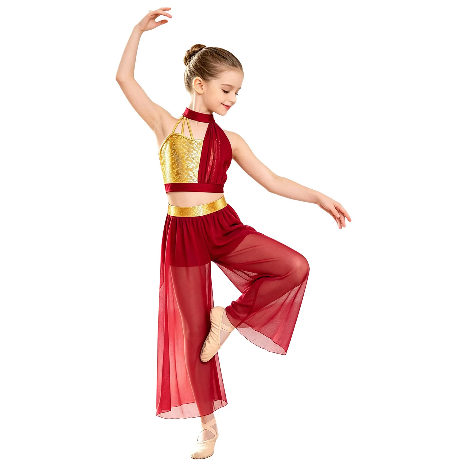 Kids Girls Modern Lyrical Dance Outfit Shiny Crop Top with Sheer Mesh Chiffon Pants for Figure Skating Gymnastics Acrobatics