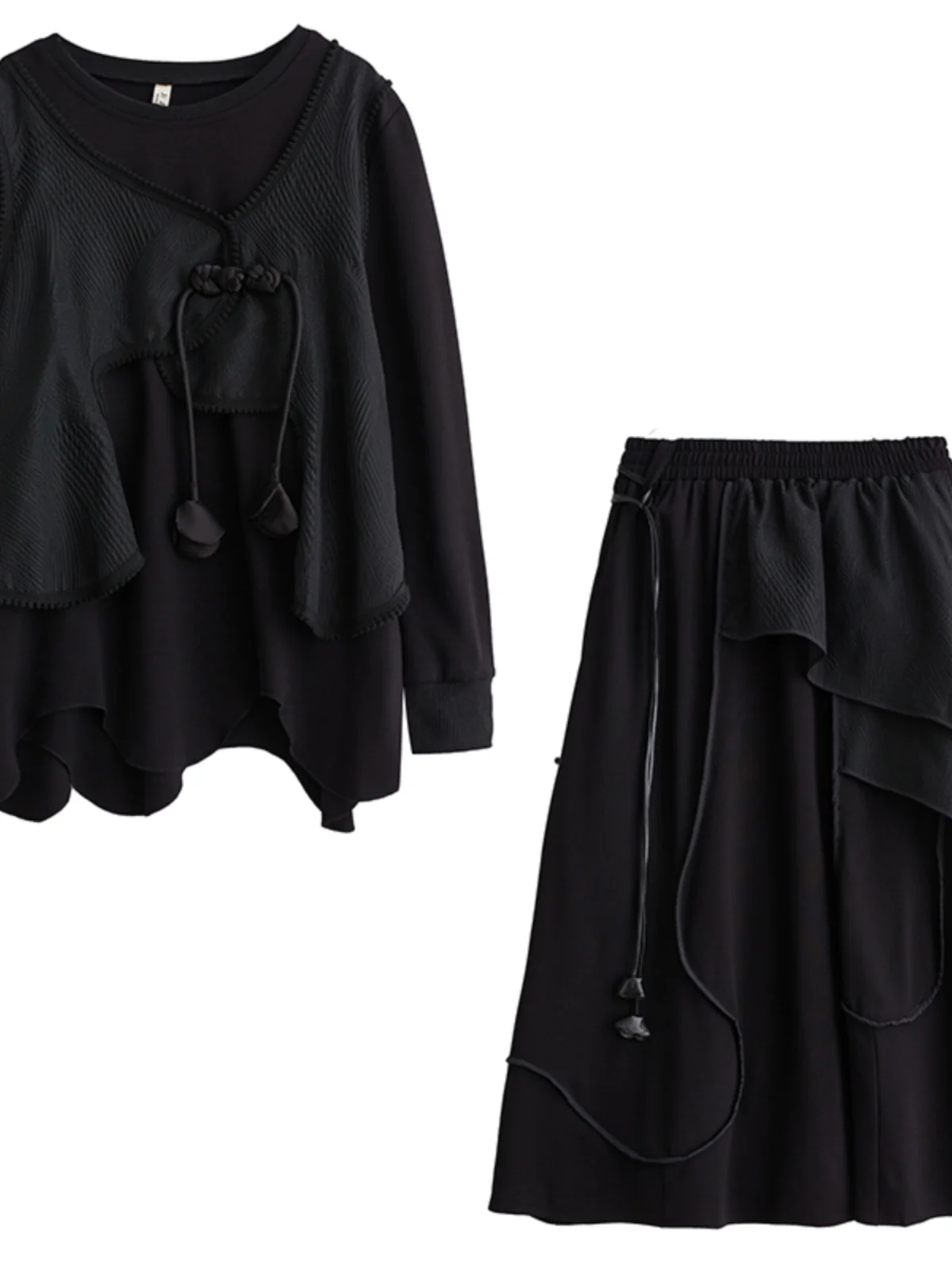 Efeito de emagrecimento conjunto de 2 peças solto ajuste midi saia superior outono faion plus size roupas femininas mistura de algodão conents