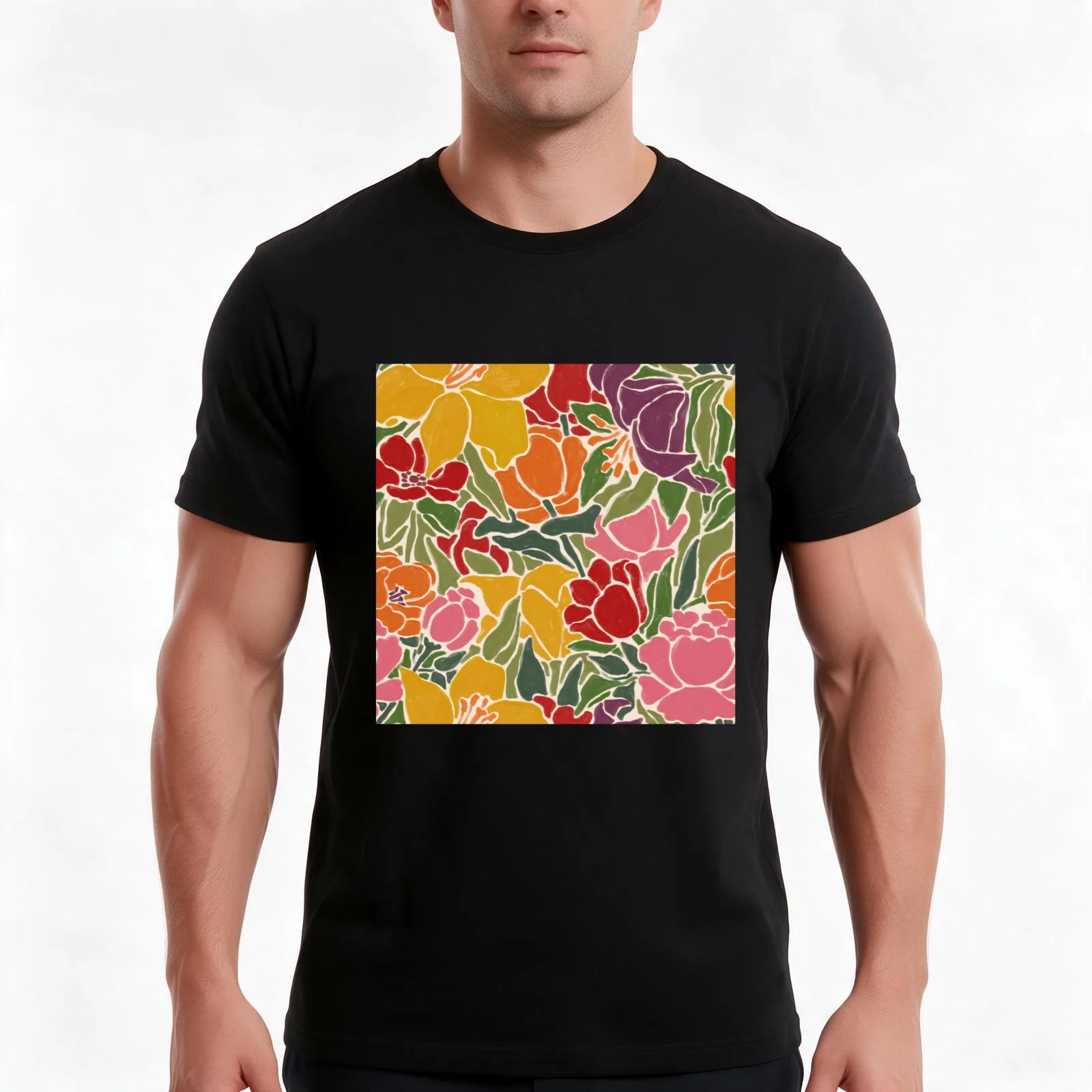 Colorful floral pattern with tulips, lilies and roses T-Shirt, Summer Casual Cotton Tee, Oversized Streetwear Tops, 100% Cotton