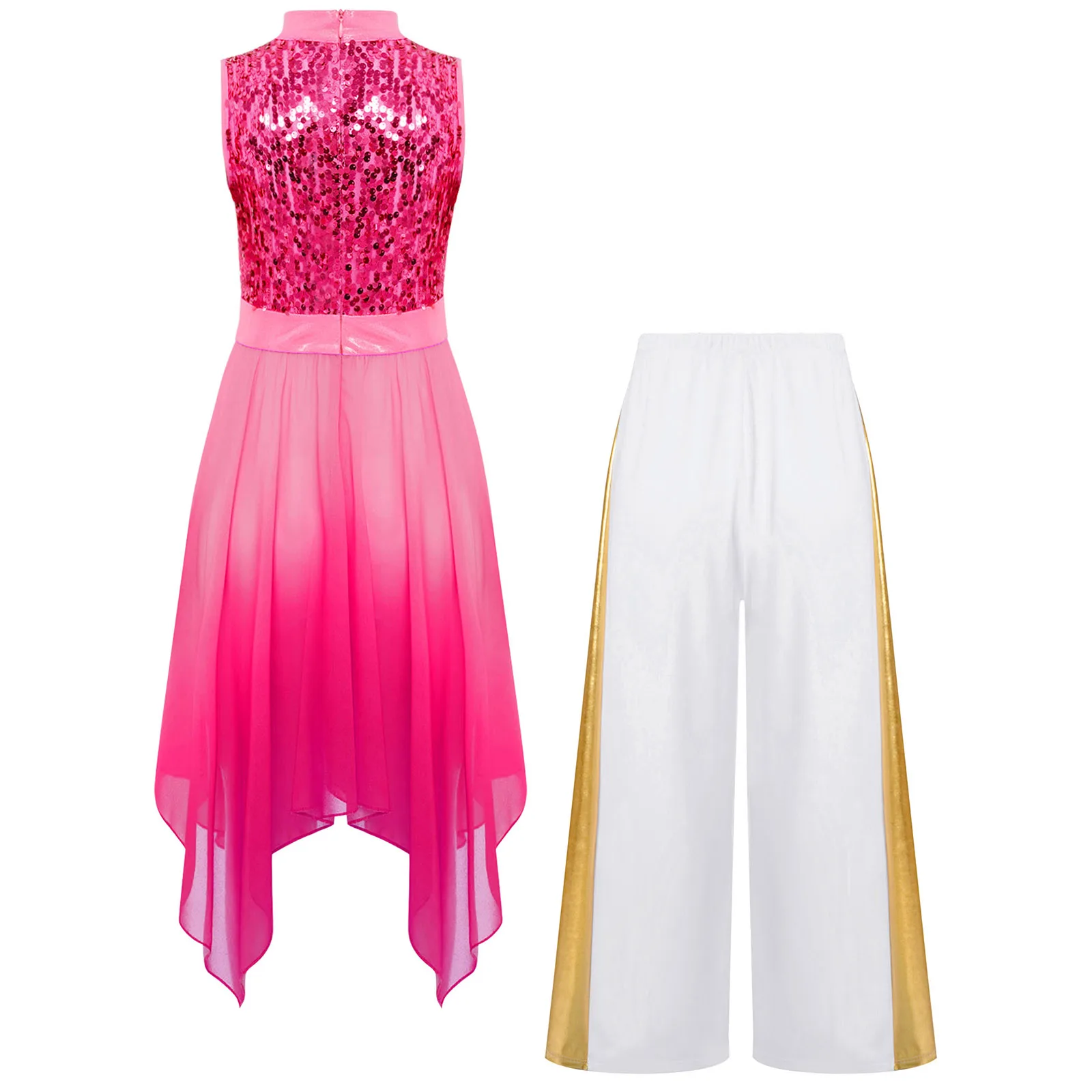 Kids Girls Liturgical Worship Praise Dance Outfits Sleeveless Asymmetrical Hem Shiny Sequins Bodice Tunic Dress+Wide-Leg Pants