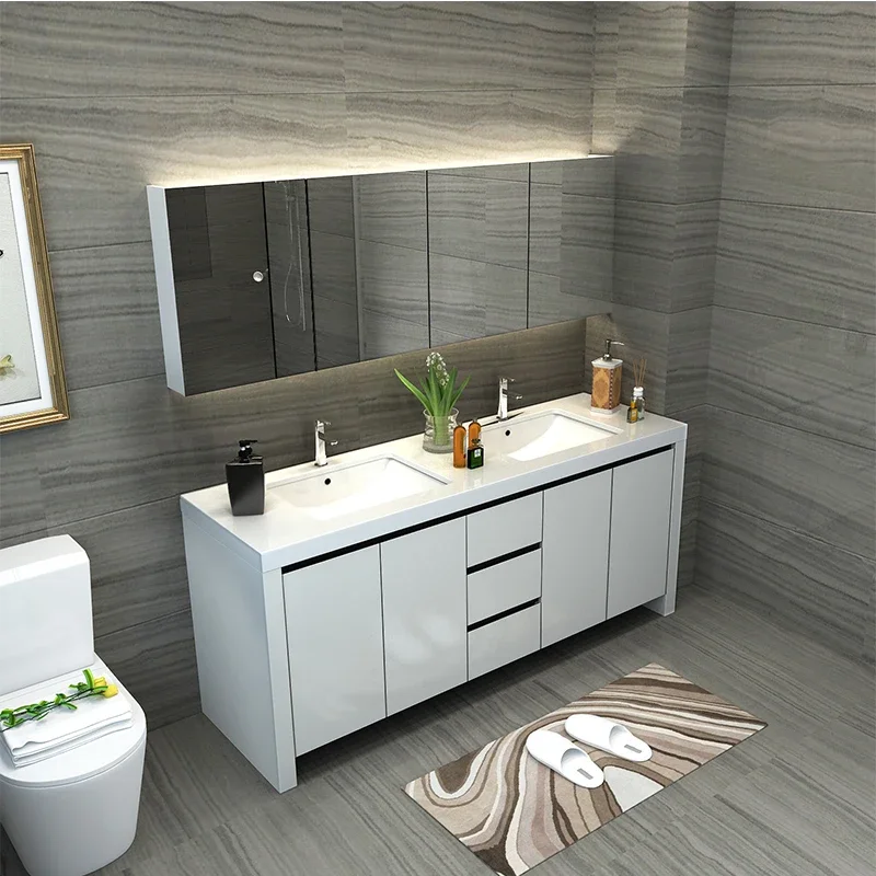 

Modern Simple and Bathroom Cabinet Solid Wood Paint-free Oak Paint Material Board Double Basin Floor Washbasin Toilet YXMC