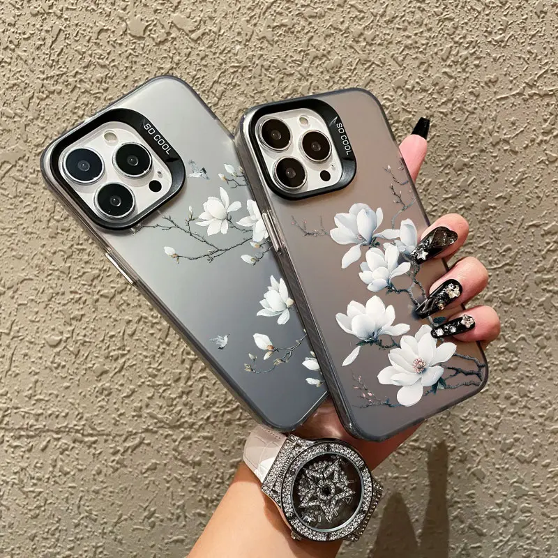 Mit weißer Magnolienblumenmuster Handyhülle für Samsung S25 S22 Ultra Plus S24 S23 Ultra Plus FE S21 FE stoßfeste Laserabdeckung
