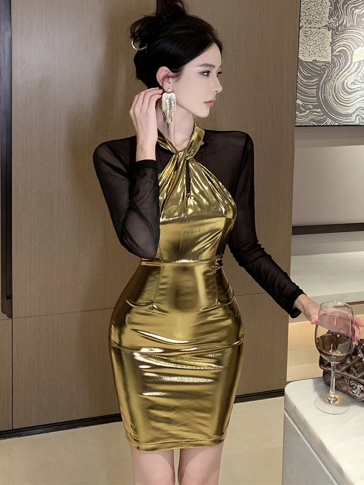 2025 moda Patchwork Sheer Mesh vestido de manga larga mujeres coreano Vintage ceñido al cuerpo Vestido corto primavera elegante vestido de fiesta de Festival