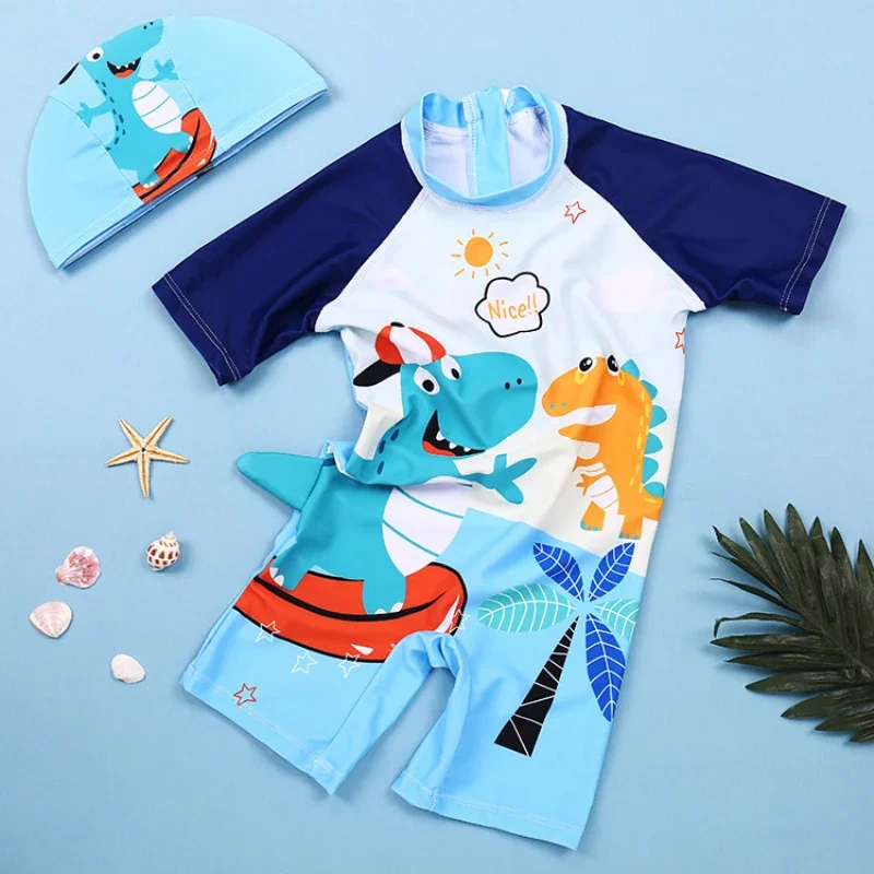 Children\'s One-piece Swimsuit 2-8 Year Old Baby Boys Cartoon Dinosaur Print Swimwear with Hat Toddlers Diving Suit Rashguard