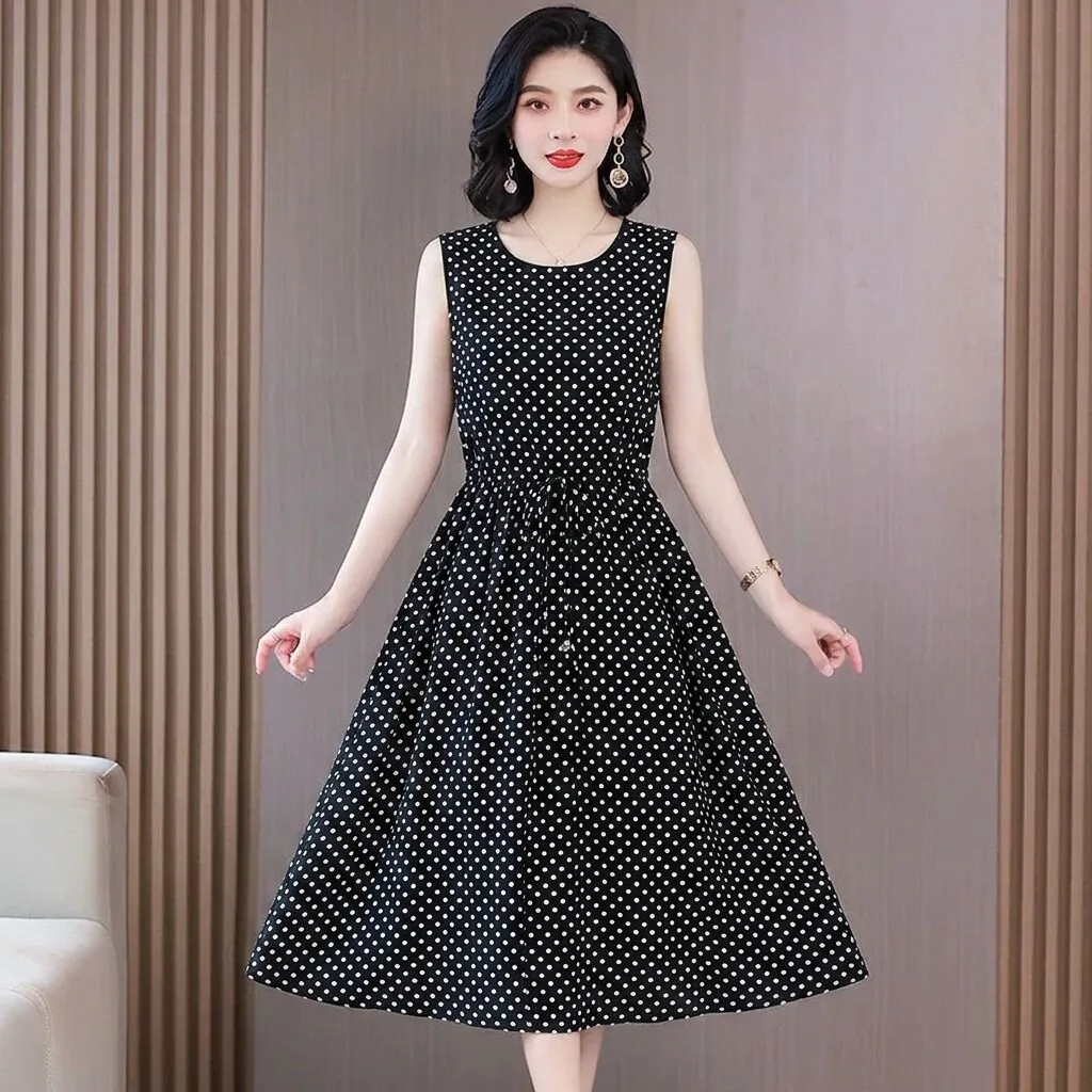 

Elegant Polka Dot Sleeveless Dress Women's Waist-Cinching Slimming Midi-Length Black Dress Maternity Wear Casual Polyester Fiber