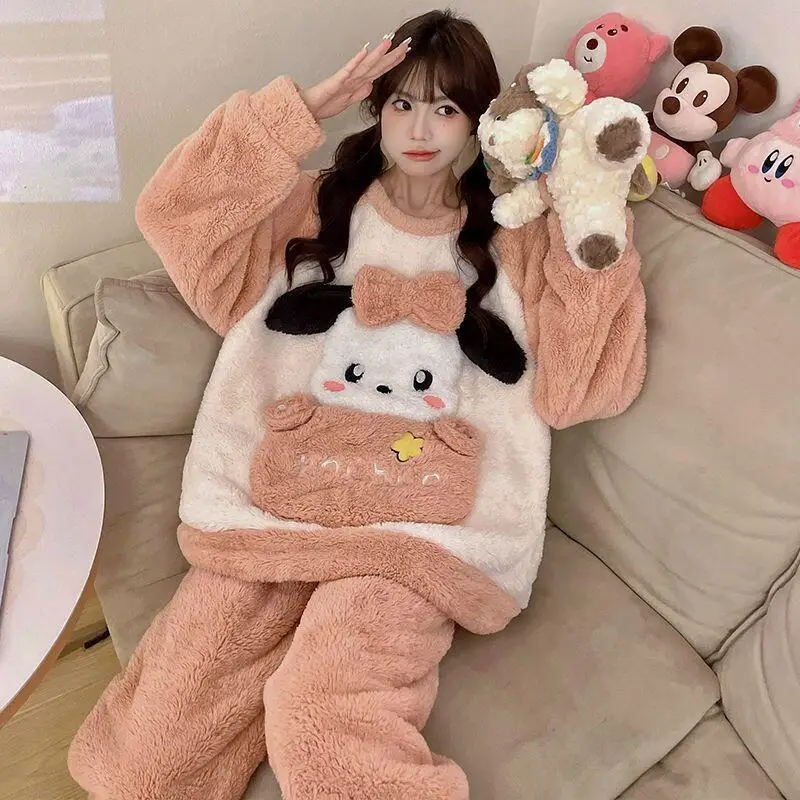 

kawaii Sanrio Women Plush Fleece Pajamas Set Autumn Winter Thickened Warm Cute Cartoon Round Neck Homewear Can Be Worn Outside