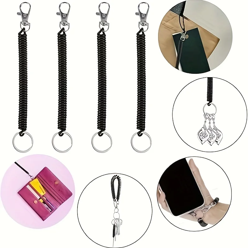 4 pièces, porte-clés rétractable à ressort, cordon enroulé avec anneau porte-clés et fermoir mousqueton, porte-clés élastique anti-perte