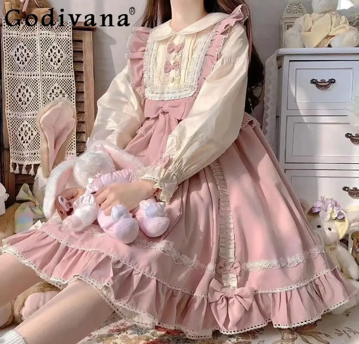 

Daily Bowknot Dress Lolita Autumn Winter Sweet Cute Girl Dress Fake Two-piece Party Pink Skirt Clothing Chic Kawaii Dresses