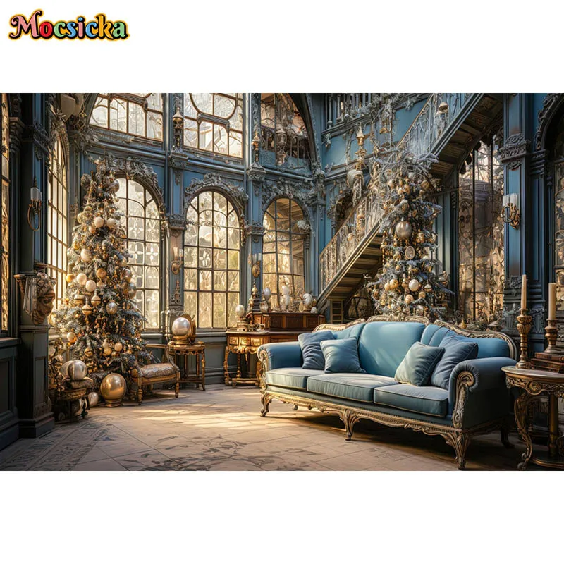 Photography Background Christmas Indoor Luxury Window Winter Xmas Tree Sofa Decor Kids Family Portrait Backdrops Photo Studio