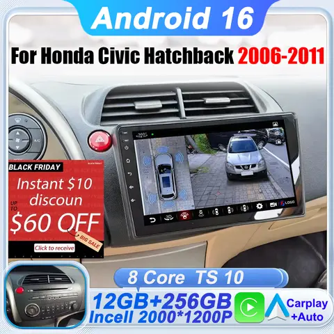 Android 16 For Honda Civic Hatchback 2006-2011 8 Core Car Radio Multimedia Player Navigation 2 Din Stereo Head Unit Carplay BT