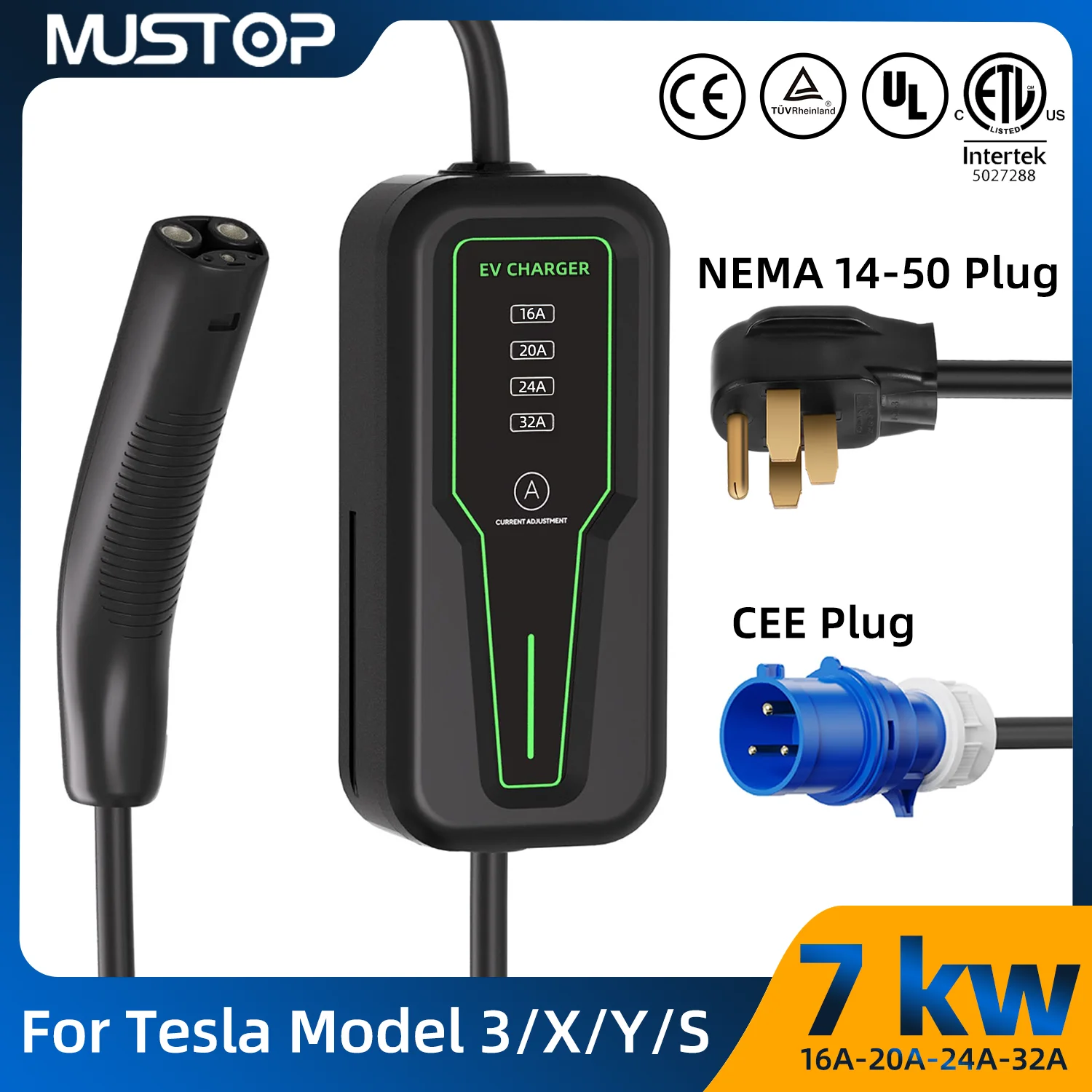 

MUSTOP 32A Portable EV Charger For Tesla EVSE Charging US NEMA 14-50 Plug CEE Plug Car Charger Station For Tesla Model 3/ X/ Y/S