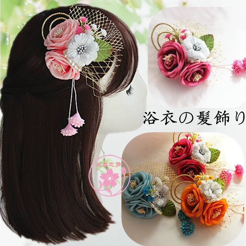 

Разноцветные японские аксессуары для волос кимоно и юката — заколка с кисточкой из розовой камелии, шелковые заколки с цветочным принтом для девочек и подростков