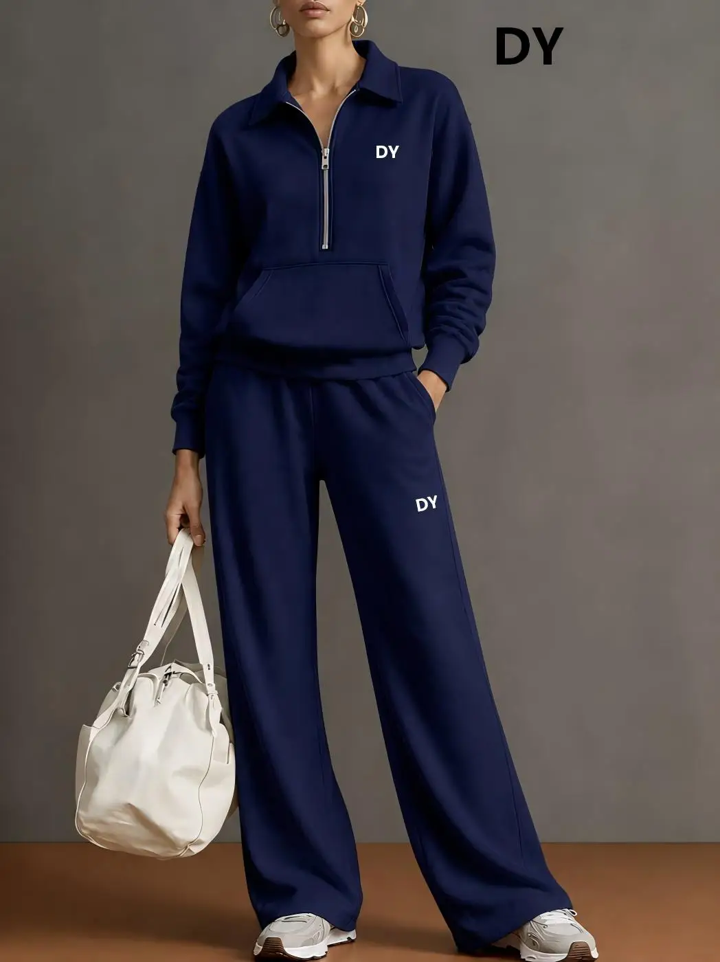 2026 European-style V-neck half-open sports outfit for women. Comfortable and loose straight-leg leggings set.