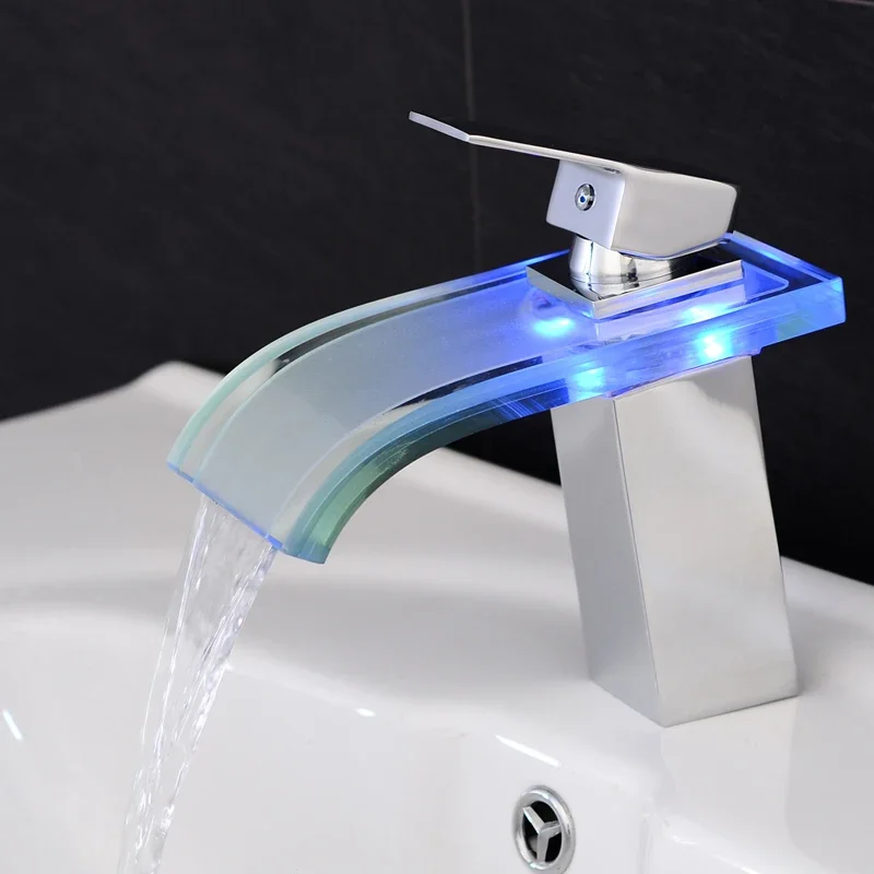 LED Glass Taps Basin Faucet Brass Waterfall Temperature Colors Change Bathroom Mixer Tap Deck Mounted Wash Sink