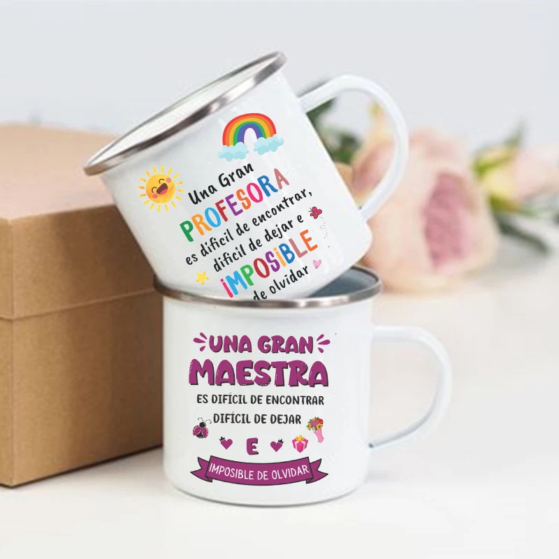 Tazze stampate spagnole tazze da caffè Creative bere acqua tazza da latte tazza smaltata scuola manico per la casa bicchieri grazie regali per insegnante