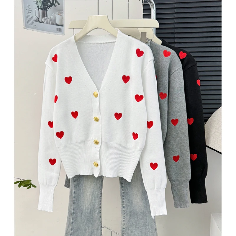 

Sweater Cardigan for Women Spring Autumn Korean Style Sweet Heart Embroidery V-Neck Single Breasted Knitting Cardigans