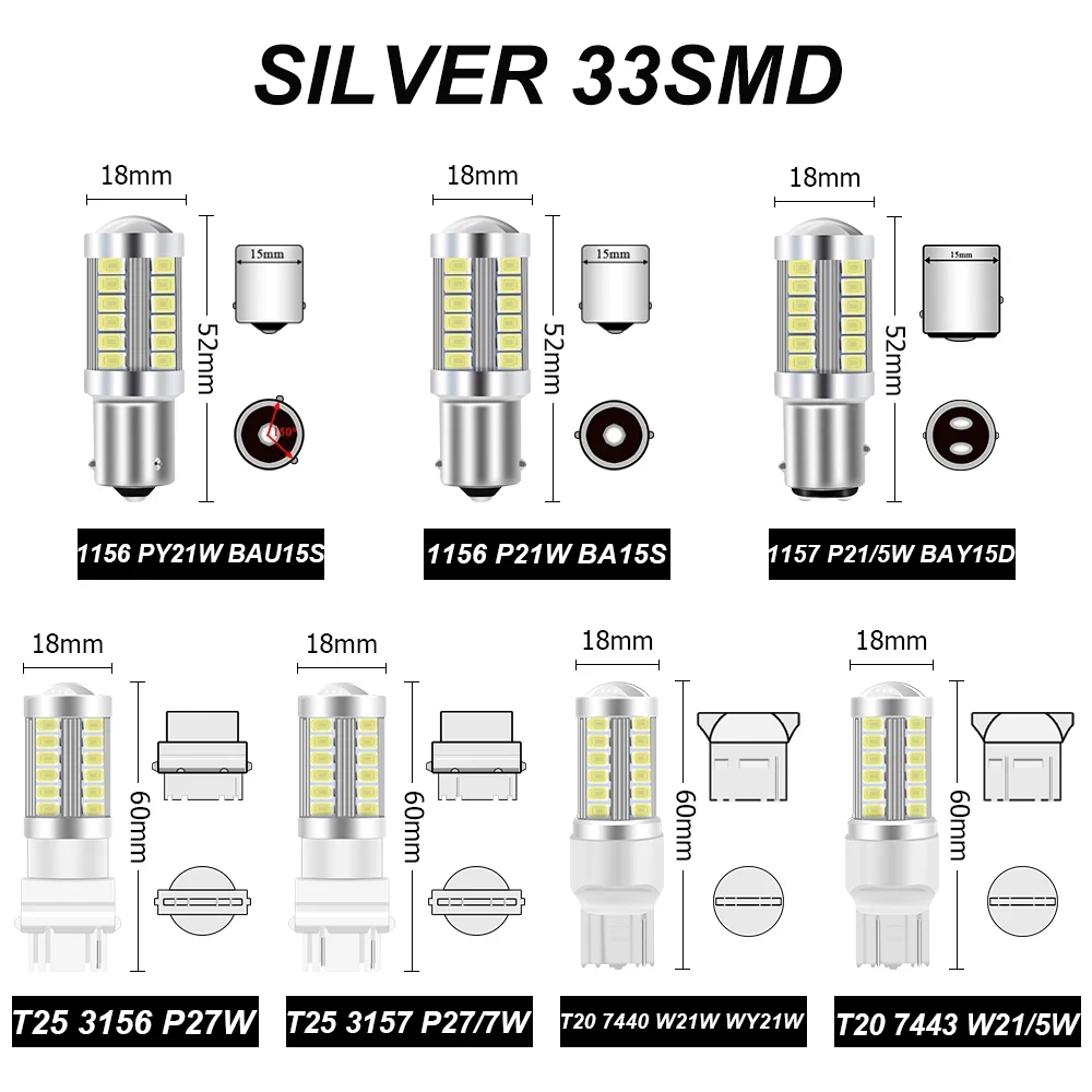 2PCS P21W LED 1156 BA15S PY21W BAU15S 1157 BAY15D P21/5W 33SMD Bulb 7440 T20 7443 W21/5W 3157 Lamp For Car Turn Signal Light