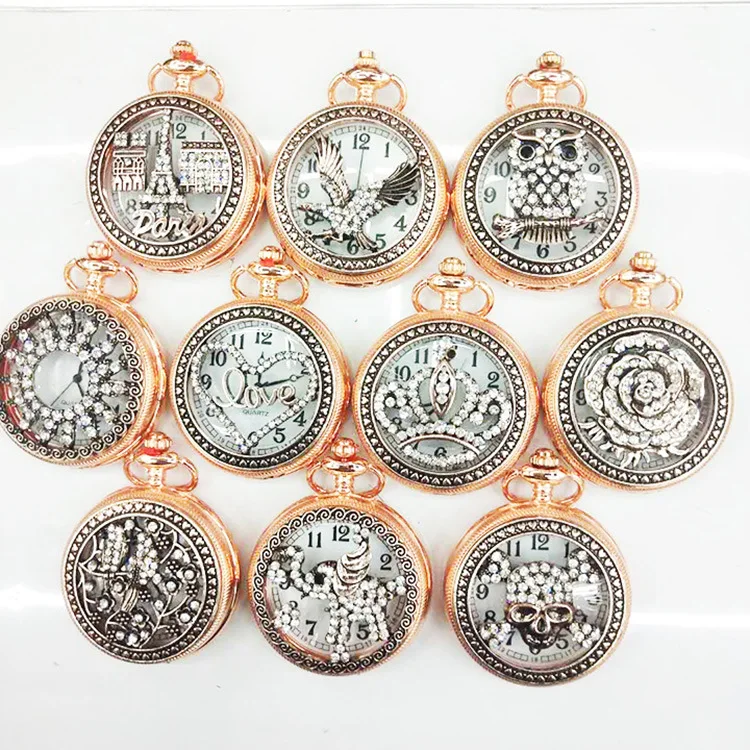 3PCS Luxury Diamond Rose Gold Quartz Pocket Watch for Men Women Orologio Hollow Case Fob Chain Ladies Pendant Necklace Clock