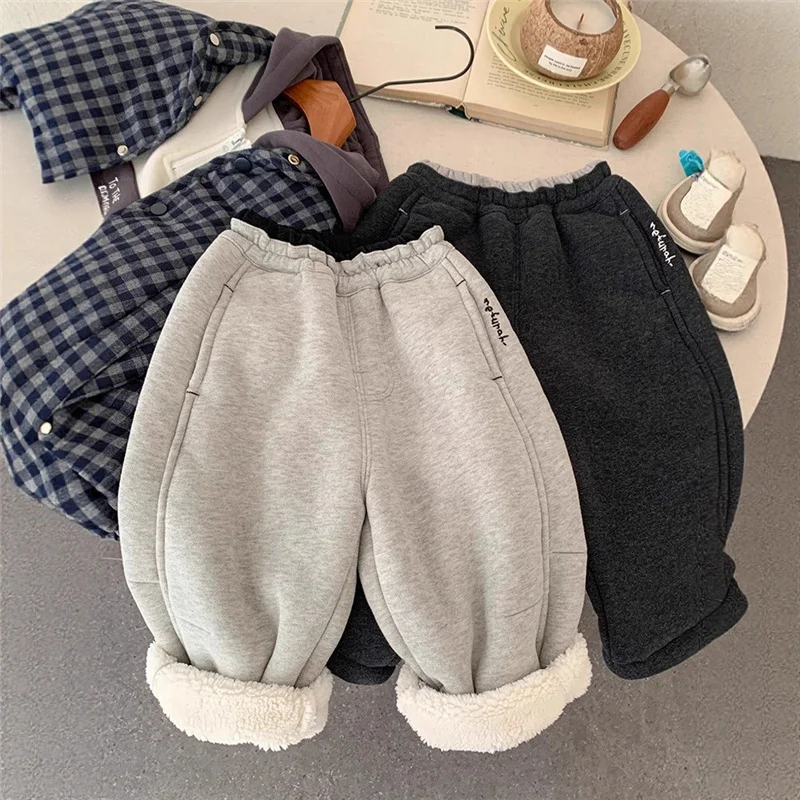 Boys Thick Warm Pants Autumn Winter Kids Solid Loose Joggers Trouser Children Fleece Straight Pants Casual Sweatpants 1-8 Years