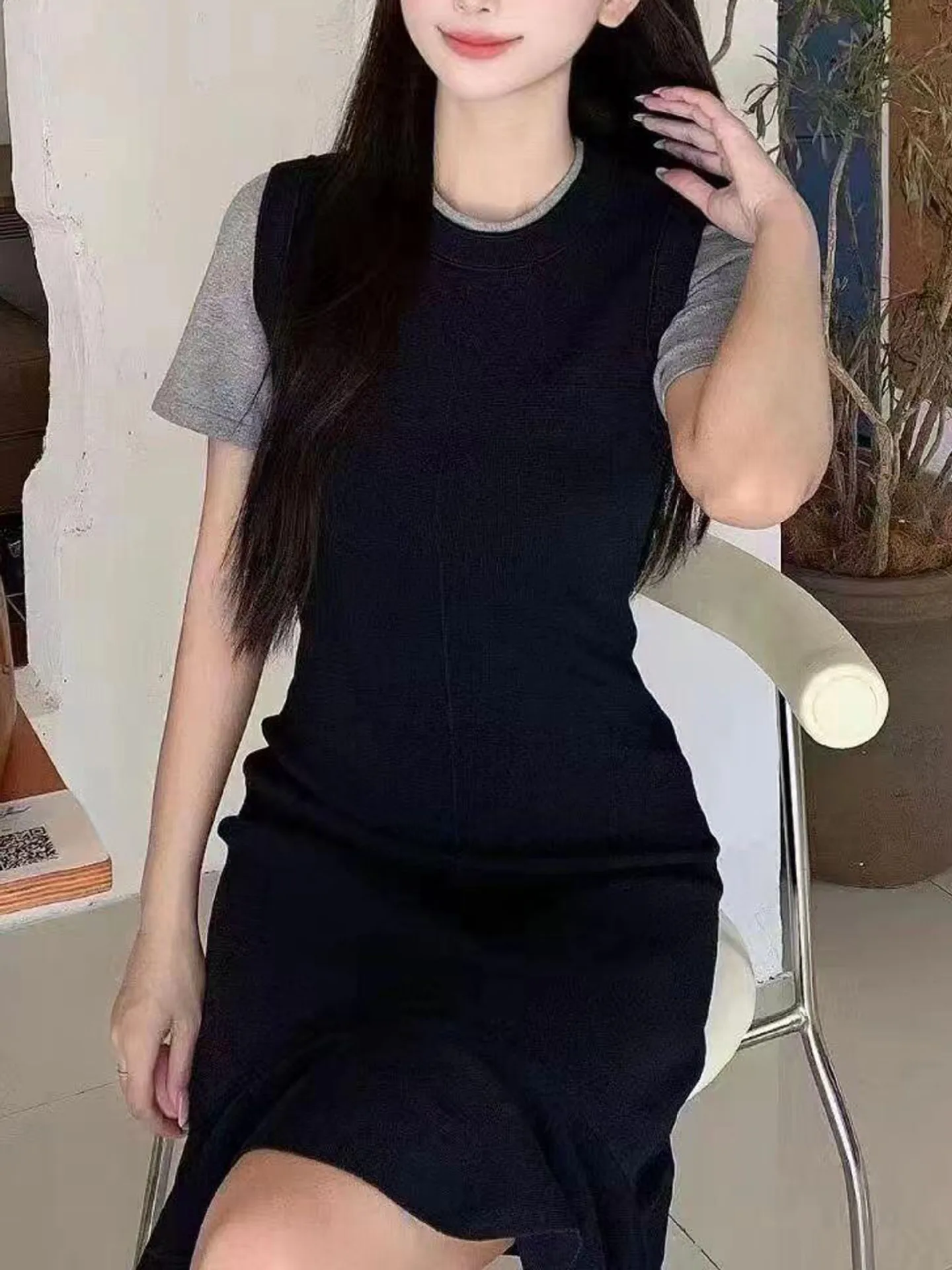 

Spring/Fall Women O-Neck Contrast Short Sleeve Ruffle Hem Solid Knit Dress Waist Cinching A-line Slim Casual Elegant Mini Skirt