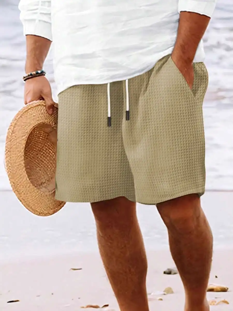 Mens Waffle Texture Drawstring Beach Shorts With Pockets For Summer Vacation