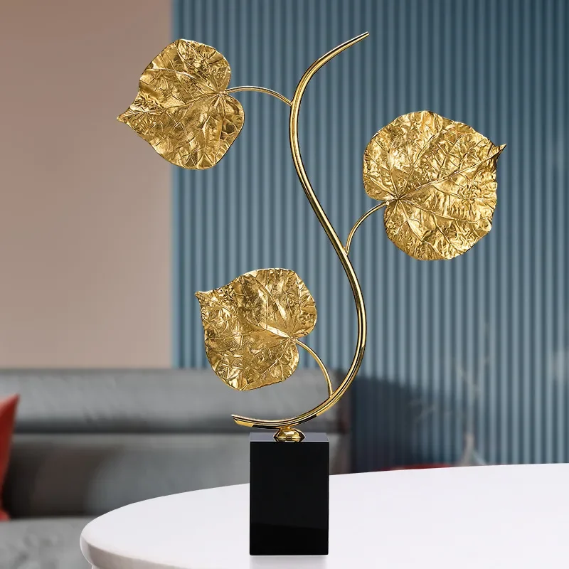 Nordic Style Brass Bodhi Leaf Wall Art Creative Home Decor for Living Room Entrance TV Cabinet Wine Shelf Luxury Metal Craft