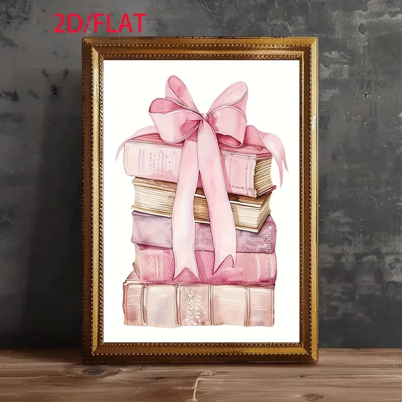 Canvas Poster Wall Art: College Style Room Decor - Pink Bowknot Book Stack -  Canvas Painting - Wall Decoration - Suitable for L