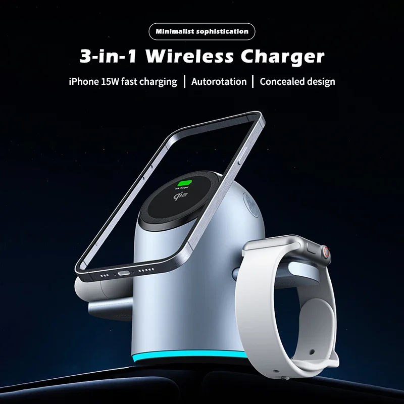 Qi2 15W 3 in 1 Wireless Charging Station with Auto Rotation, Magnetic Fast Charger for IPhone16/15/14/13 Pro Max IWatch AirPods