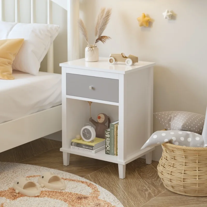 

Modern White Nightstand with Drawer Multifunctional Storage Cabinet for Bedroom Nursery Kids Room Decor