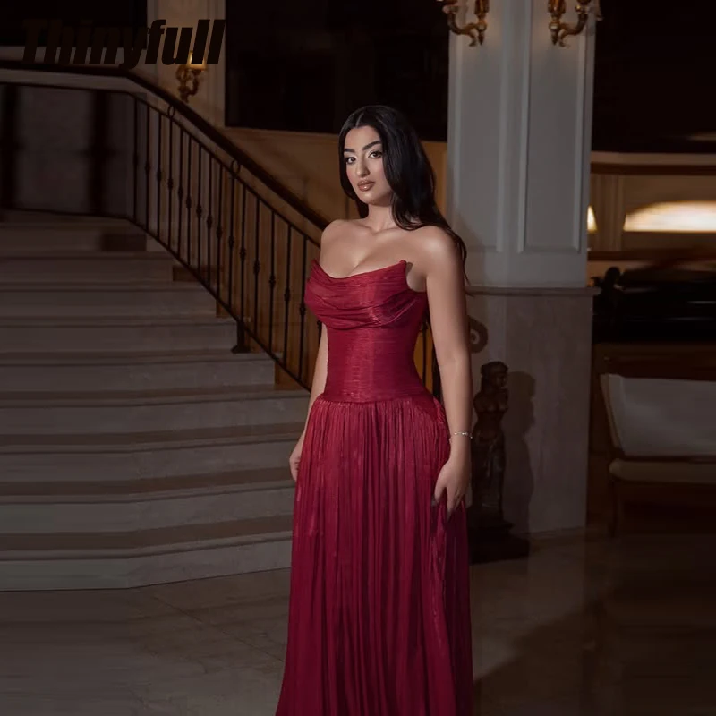 

Thinyfull A-line Prom Dresses Strapless Sleeveless Shiny Satin Evening Gown Vestidos De Fiesta Elegantes Party Dress Customized