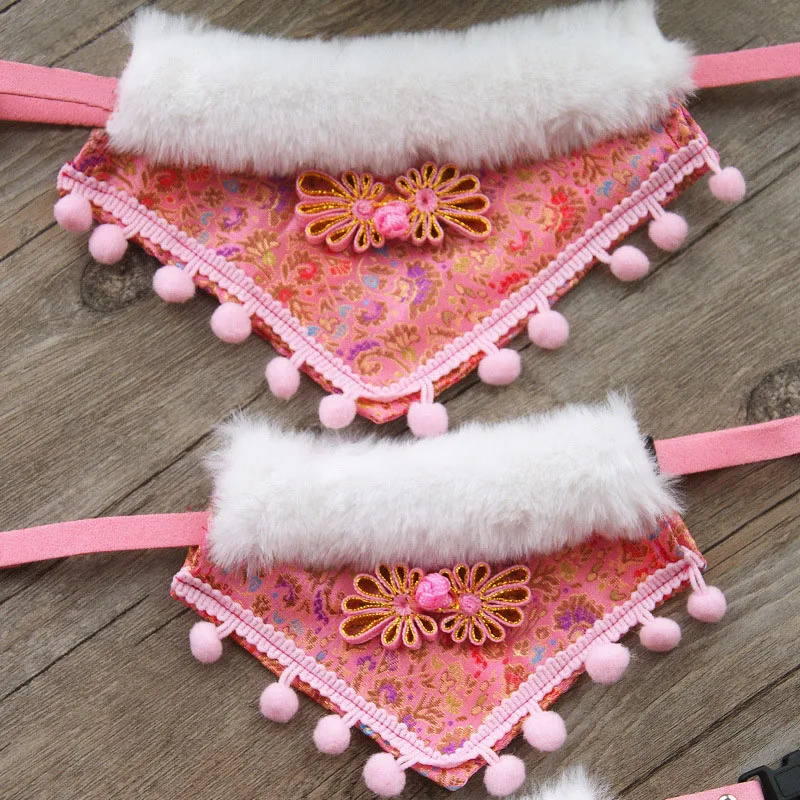 Cat Accessories Chinese Lunar New Year Decoration Red Pink Scarf Puppy Bib Pet Necklace Collar With Tassels Pets Party Costume ﻿