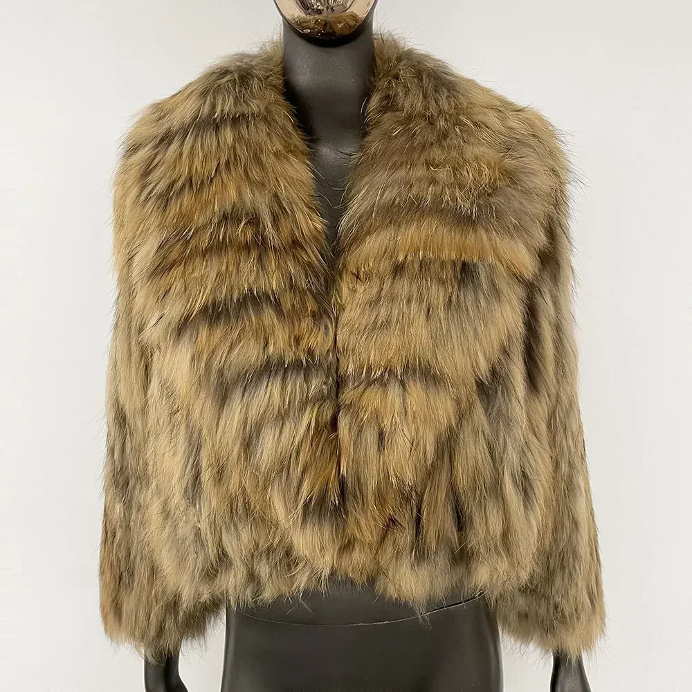 معطف شتوي بياقة من الفرو الطبيعي ملابس خارجية قصيرة جديدة منفوش فاخر من الفرو محبوك معطف نسائي من فراء الراكون الطبيعي الحقيقي