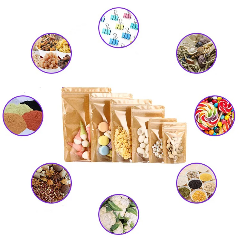 1000Pcs Stand up One Side Clear Kraft Paper Zip Lock Bags High Clear Plastic Window Resealable Snack Coffee Spices Gifts Pouches