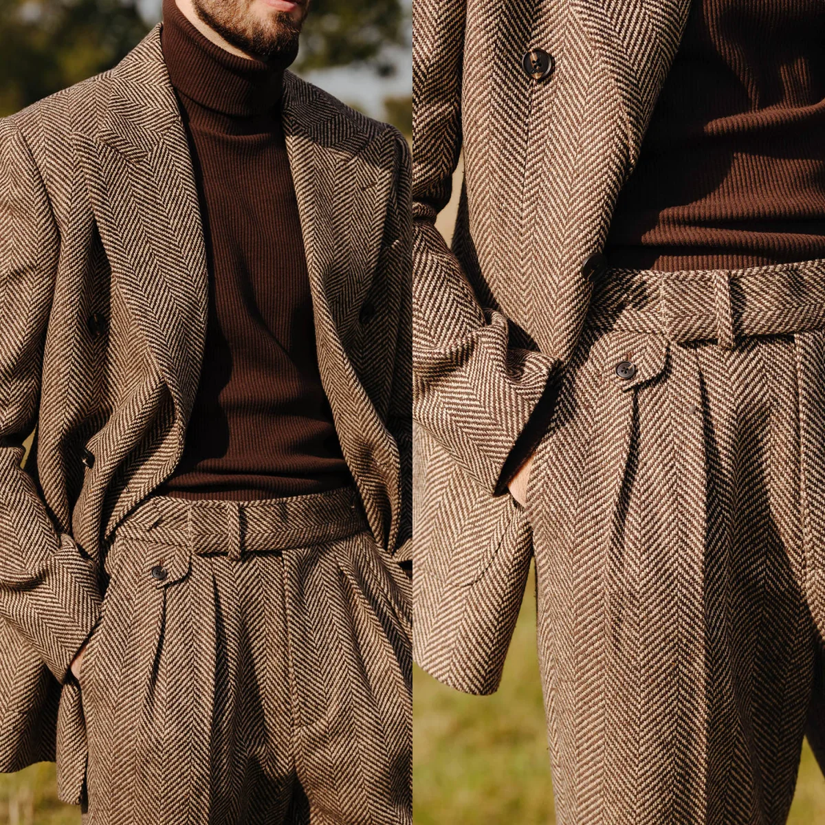 

Vintage Herringbone 2 Pieces Men Suits Double Breasted Warm Blazers Autumn Winter Pant Sets Business Party Customized Outfits