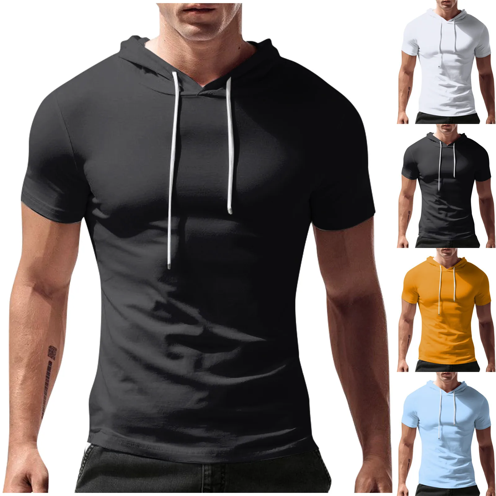 Short Sleeve T-shirt Men\'s Hoods Casual Loose Summer New Solid Color Stitching Top Tee Men\'S T-Shirt Loose Casual Sweatshirt