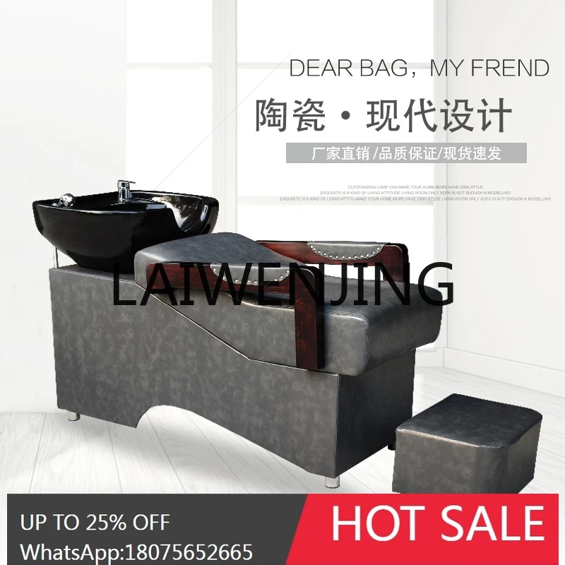 Solid Wood Shampoo Flushing Bed New Hair Saloon Dedicated Ceramic Basin for Hair Salon Salon Shampoo Bed