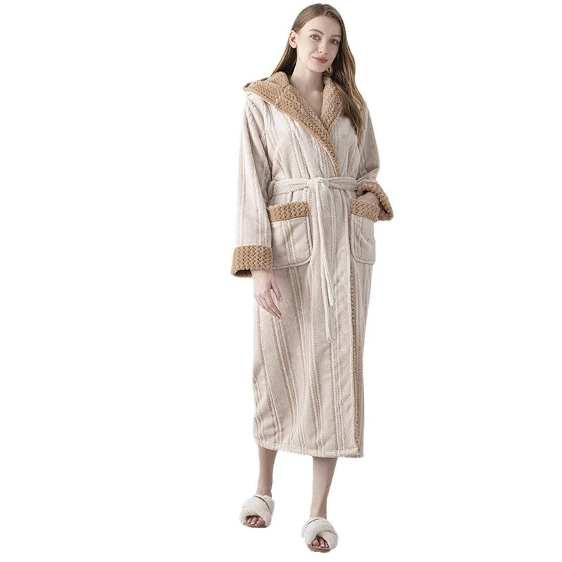 Loose Striped Flannel Nightwear Women Warm Hooded Kimono Nightgown Men Winter Autumn Shower Robes Long Sleepwear Loungewear