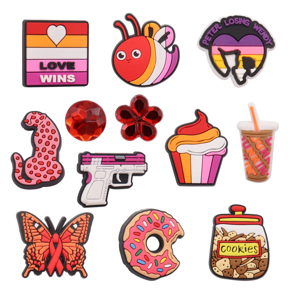 1-12Pcs PVC Love Wins Cookie Gun Red Shoe Charms Watermelon Rabbit Boys Girls Buckle Clog Shoe Decoration For Backpack