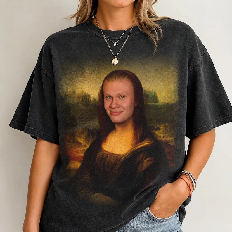 2026 Summer Funny Erling Haaland Mona Lisa Meme T-Shirt 100% Cotton Men's Women's Y2K Short Sleeve Round Neck Loose Shirt