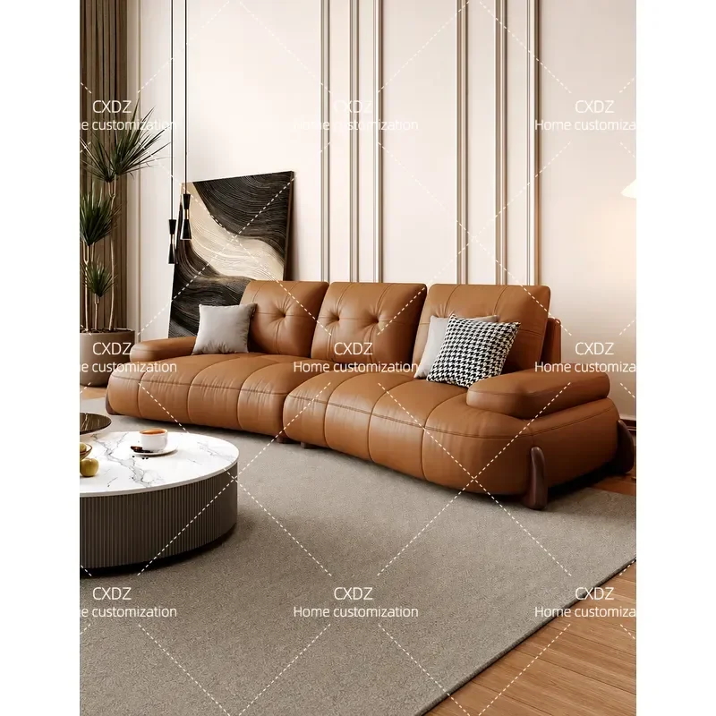French Style Leather Sofa Light Luxury Retro First Layer Cowhide Straight Row Couch for Small Apartment Living Room High End