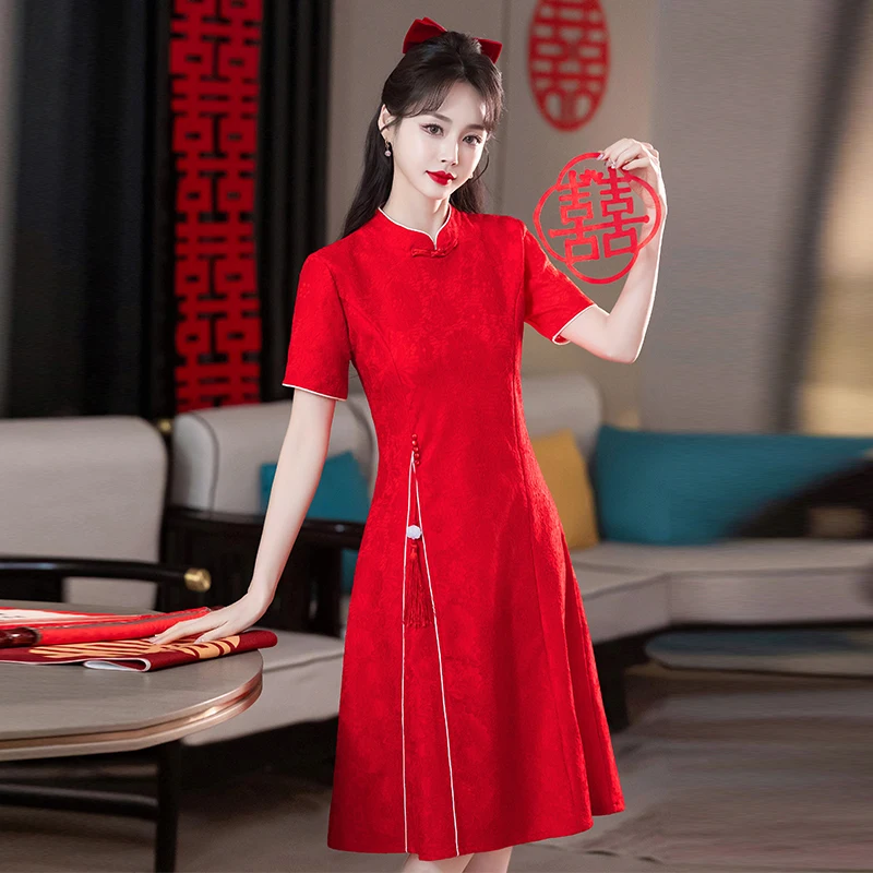 Modern Improved Cheongsam Chinese Traditional Red Young Wedding Qipao Dress New Year CNY