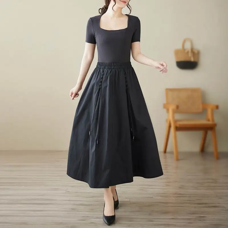 Jupe mi-longue ample en coton et lin pour femmes, décontractée, grande taille, taille haute, ligne a, jupe parapluie pliable, printemps automne