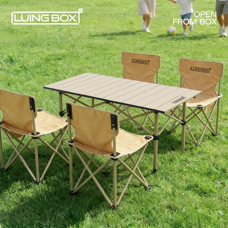Portable Camping Table Chair Set Folding Outdoor Furniture Picnic Egg Roll Table Compact Lightweight Iron Frame Coffee Color