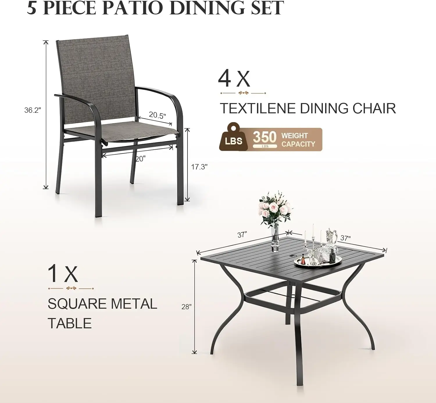 Pátio ao ar livre jantar Set, mesa e cadeiras Set para 4, 4 x Grey Textilene cadeira de jantar, 37 "Square Metal mesa de jantar, 5pcs