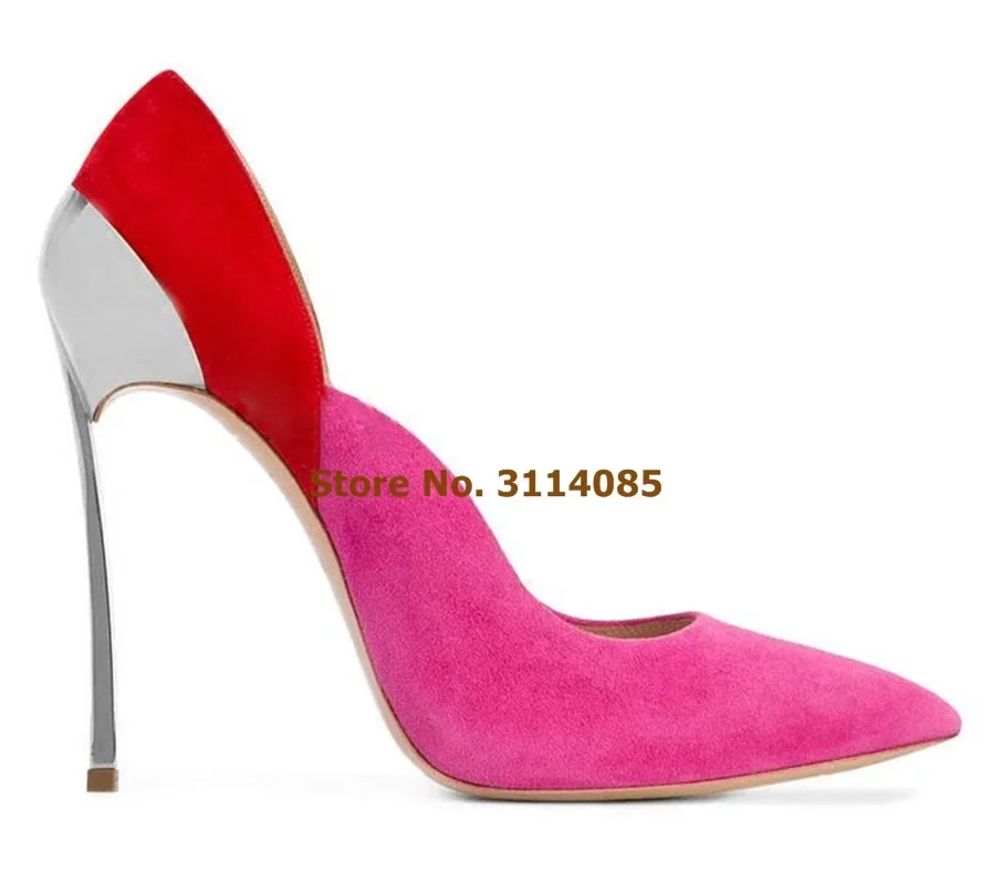 Ladies Pink Blue Suede Metal Blade High Heel Dress Pumps Pointed Toe Shallow Banquet Shoes Color Patchwork Gladiator Shoes