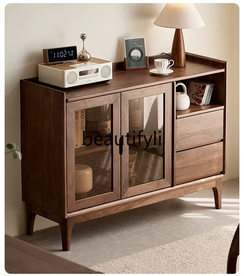 

Cy56 North American black walnut side cabinet Nordic simple solid wood glass door locker household