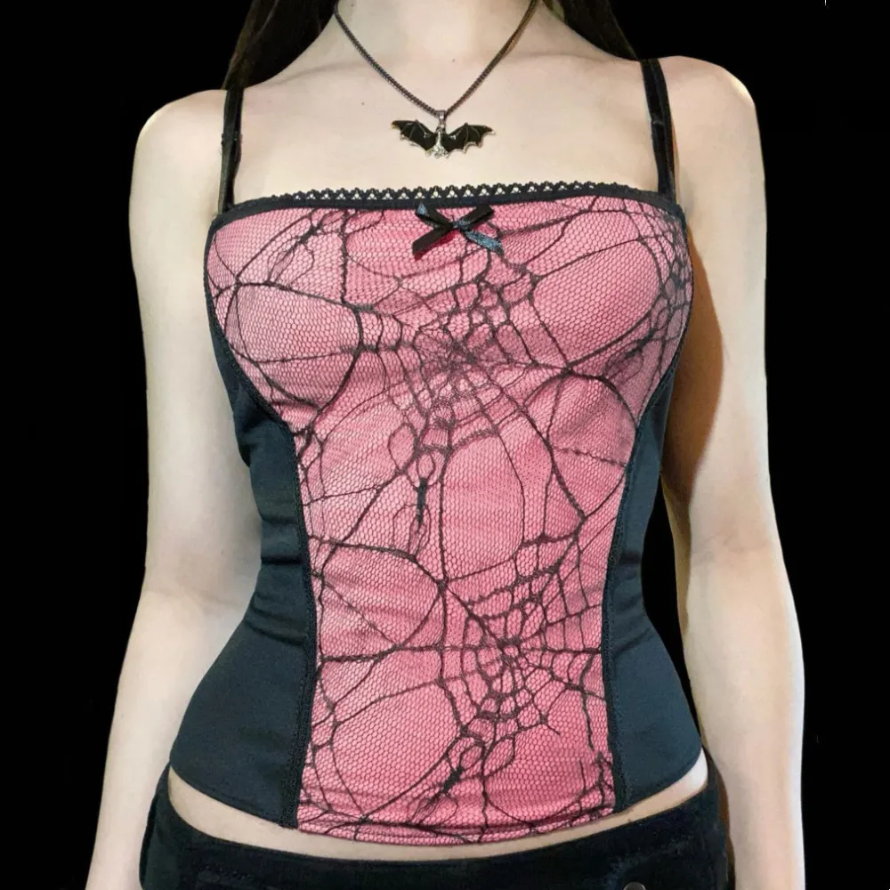 2024 Vintage Gothic Cami Tops Women Mesh Spider Net Lace Tank Vest Female Summer Sexy Club Crop Tops Harajuku 2000s clothes