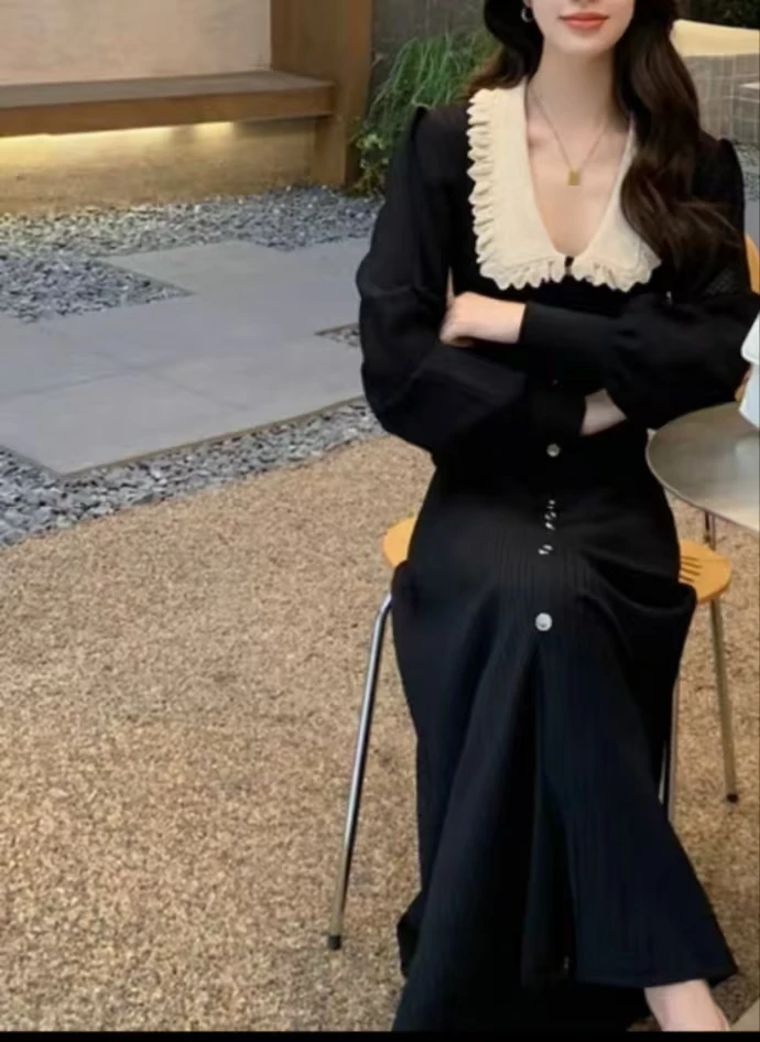 

Elegant Black Knitted Dresses New 2024 Autumn Women Fashion Lapel Lantern Sleeve Single Breasted Stretch Party Dress 5220350