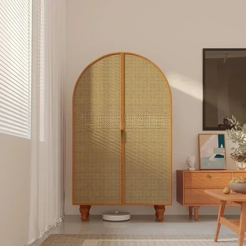 Nordic Solid Wood Wardrobe Living Room Side Cabinet Storage Cabinet Bedroom Simple Wardrobe Japanese Log Rattan